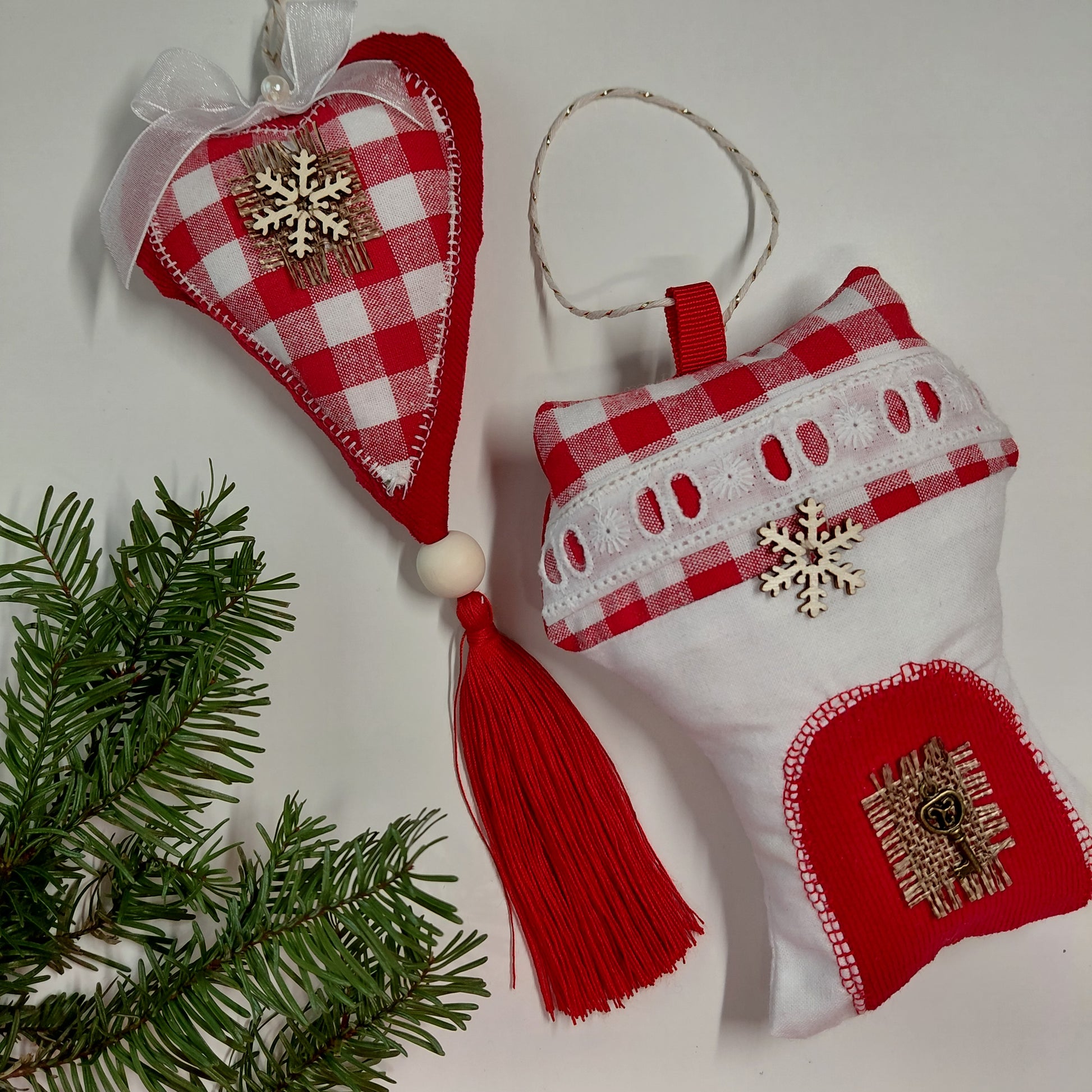 Red and white checkered heart-shaped and rectangular Christmas ornaments 
