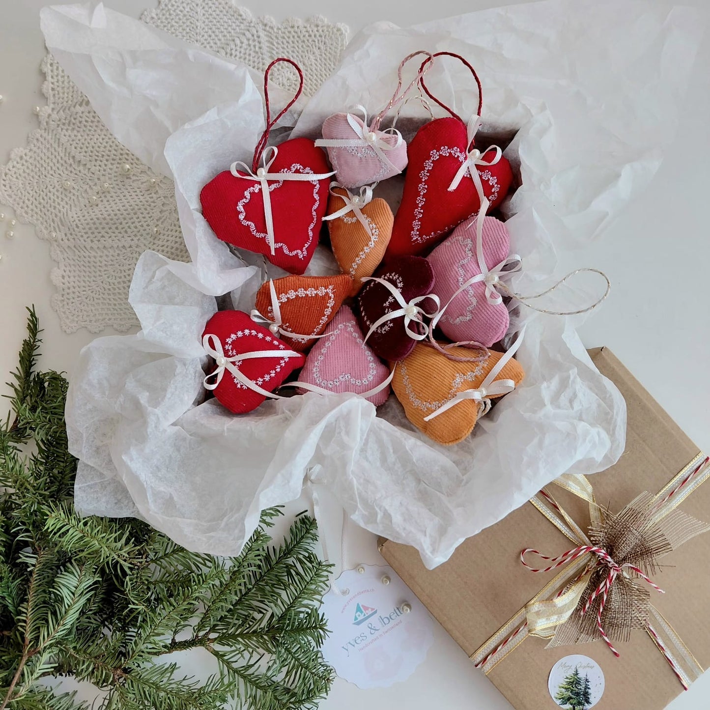 Set of 10 Velvet Christmas Hearts