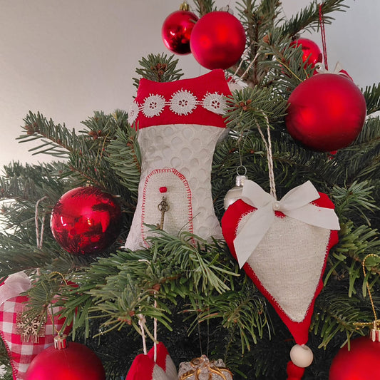 Decorative Christmas ornaments on a tree with red balls