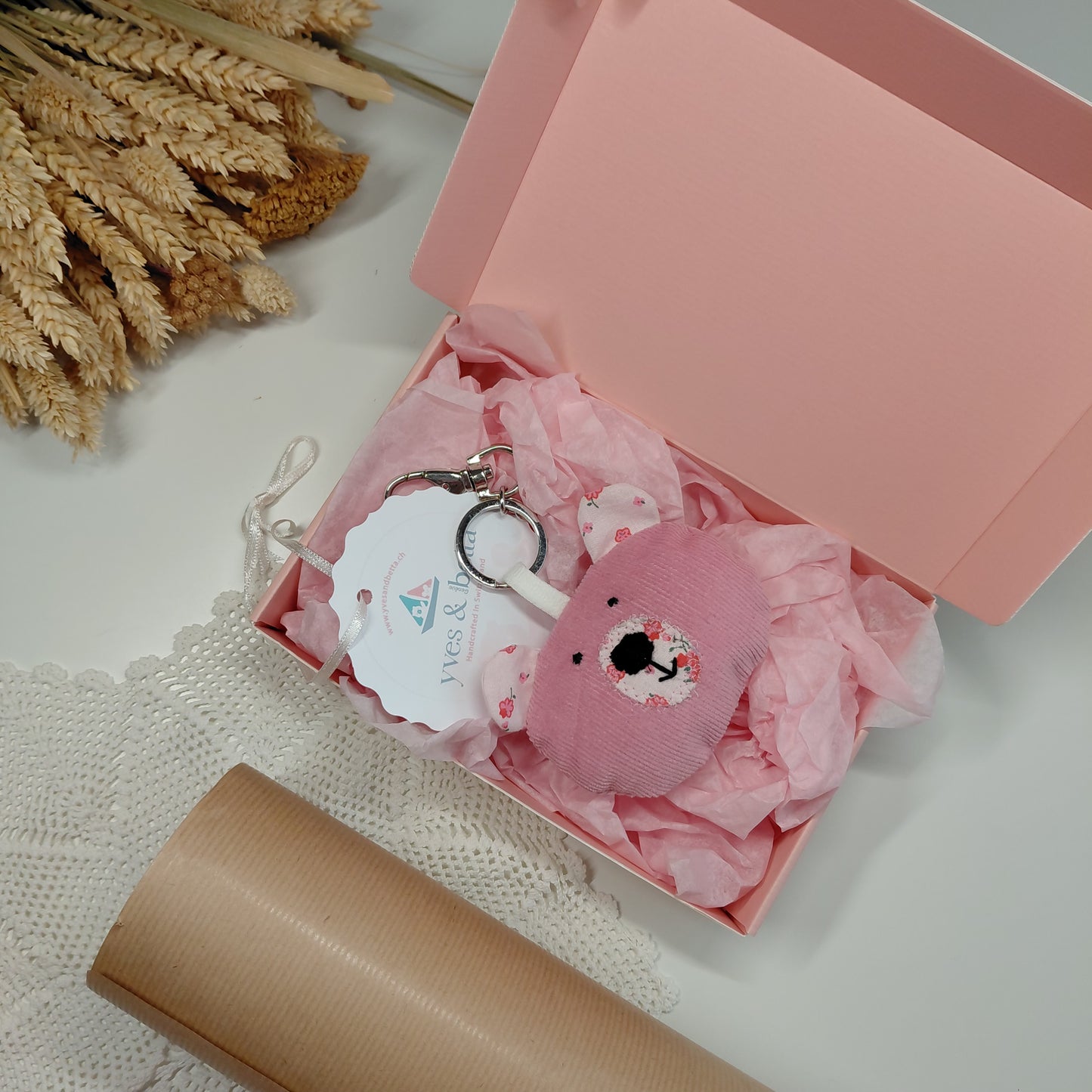 Pink Textile Bear Keychain